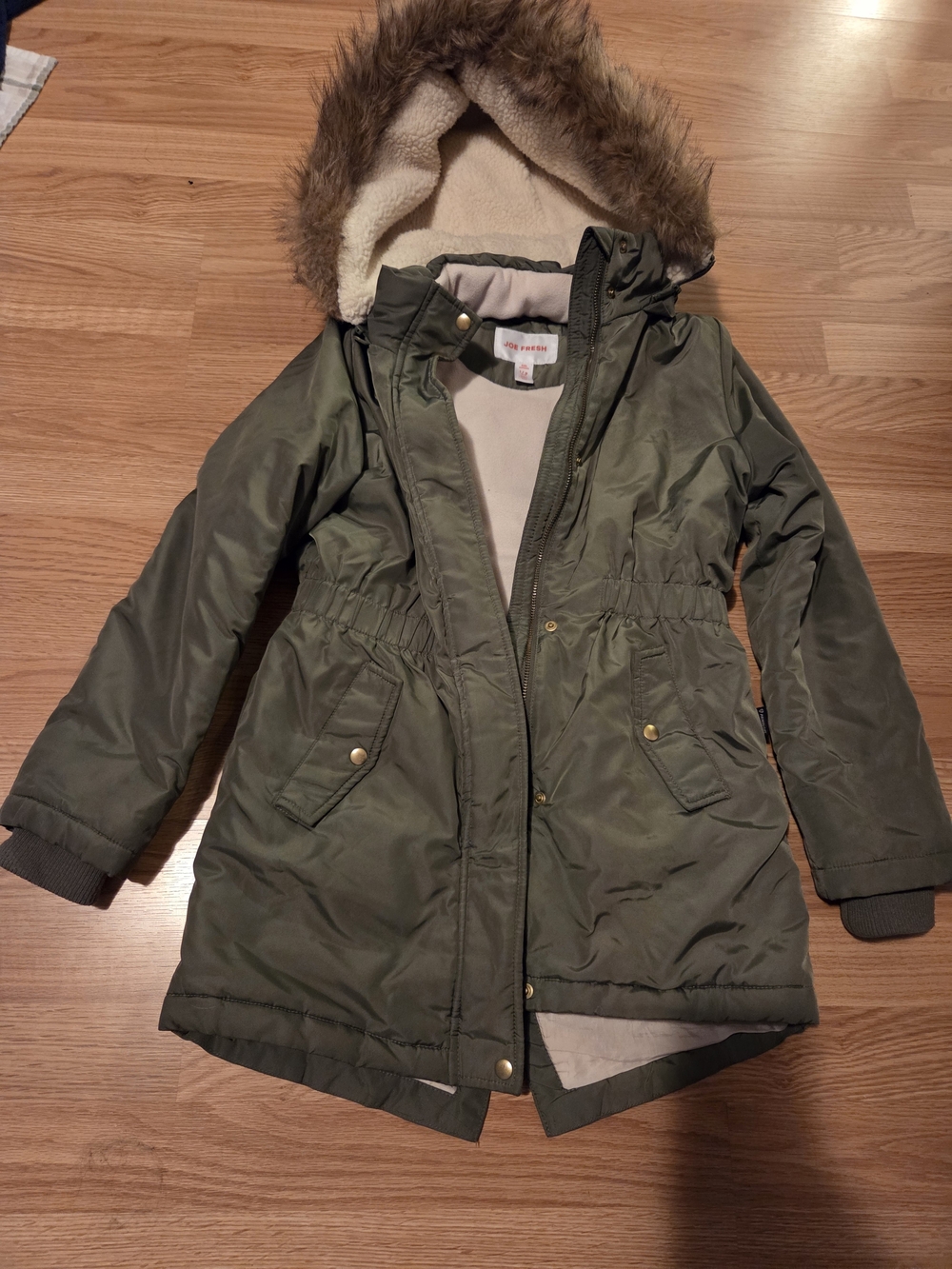 Joe Fresh Olive Green Hooded Puffer Parka with Faux Fur Trim